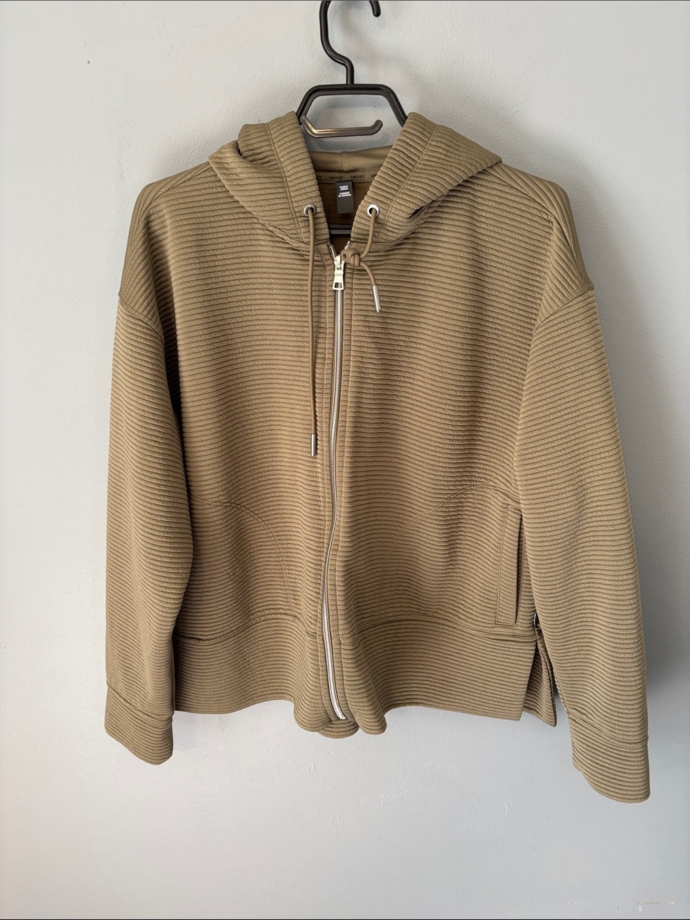 DKNY Tan Ribbed Zip-Up Hooded Sweatshirt